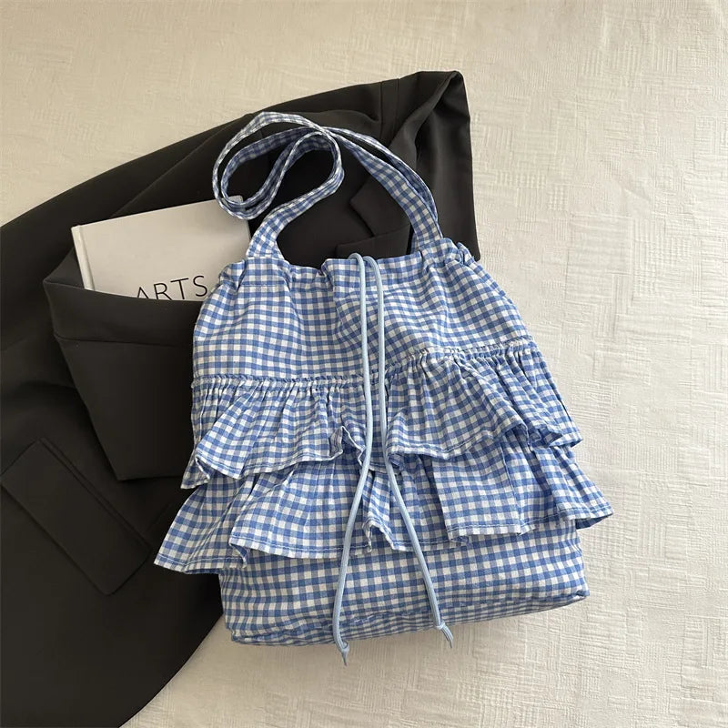 Tas Dames - Ruche Shopper met Ruitjesprint en Strikje | Zomer