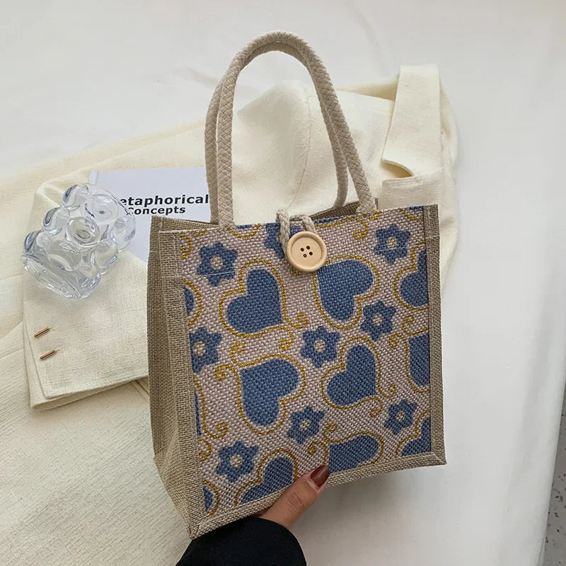 Shopper Dames - Gevlochten Tas met Hartjesprint en Knoop | Casual