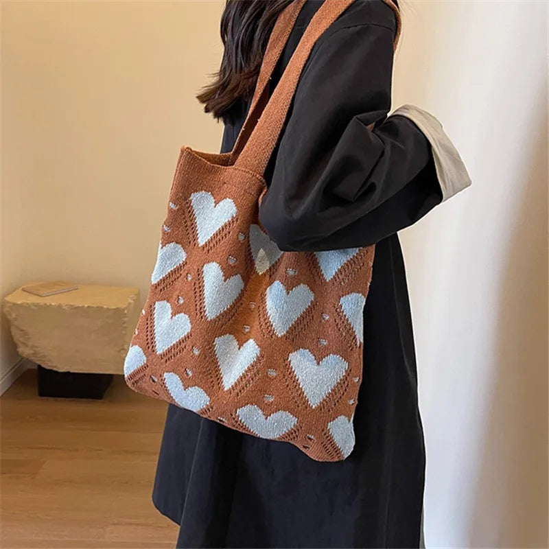 Tas Dames - Gebreide Tote Bag met Hartjespatroon | Casual