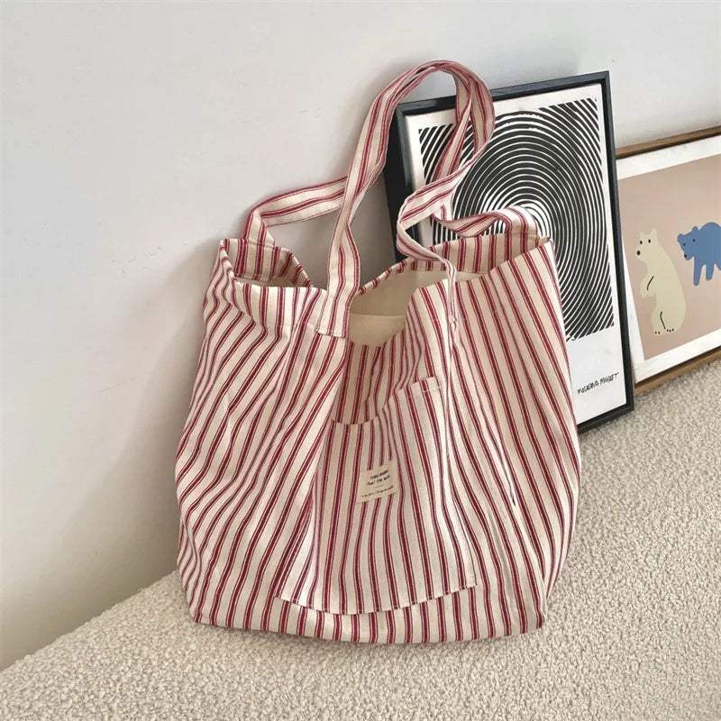Tas Dames - Grote Tote Bag met Streepjespatroon en Label | Casual