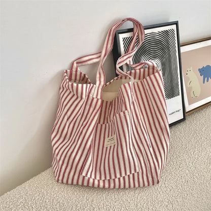 Tas Dames - Grote Tote Bag met Streepjespatroon en Label | Casual
