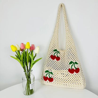Tas Dames - Ruime Shopper met Kersenmotief en Open Structuur | Zomer
