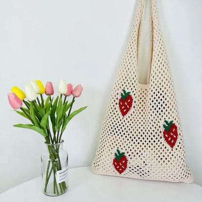 Tas Dames - Ruime Shopper met Kersenmotief en Open Structuur | Zomer