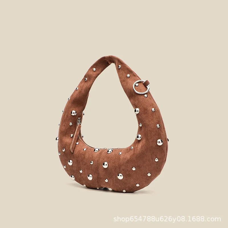 Tas Dames - Halfmaan Schoudertas met Zilveren Studs | Stoer