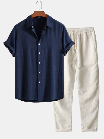 Sem - Casual Linnen Zomer Set Heren met Korte Mouw Overhemd en Broek
