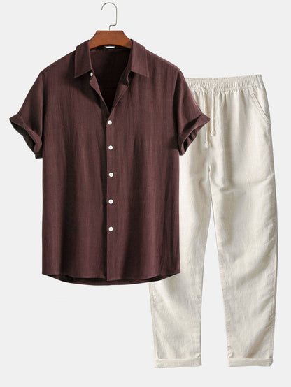 Sem - Casual Linnen Zomer Set Heren met Korte Mouw Overhemd en Broek