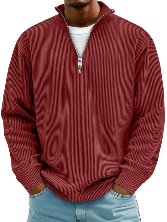 Sem - Heren Trui Oversized met Halve Rits Opstaande Kraag en Ribstructuur