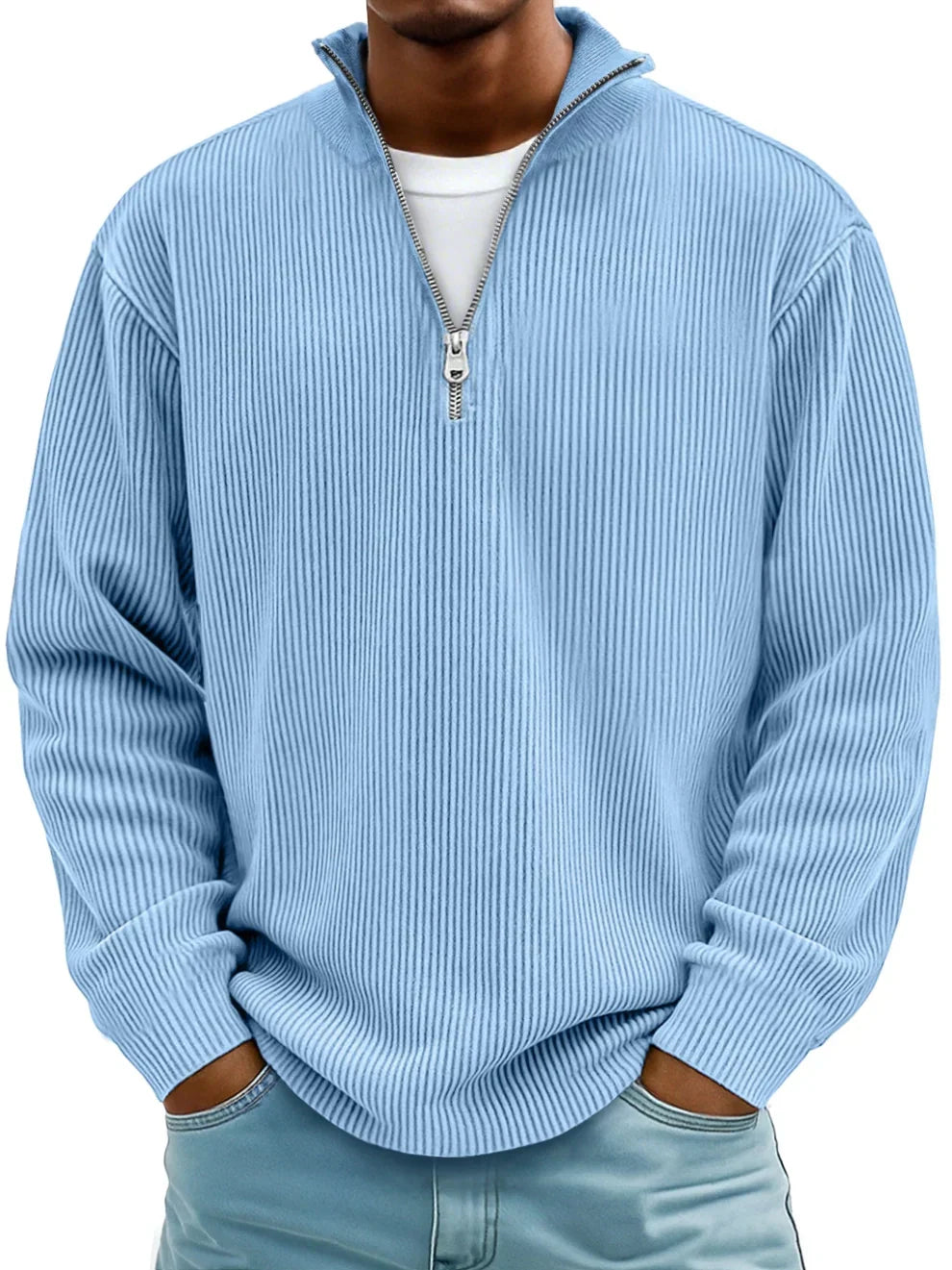 Sem - Heren Trui Oversized met Halve Rits Opstaande Kraag en Ribstructuur