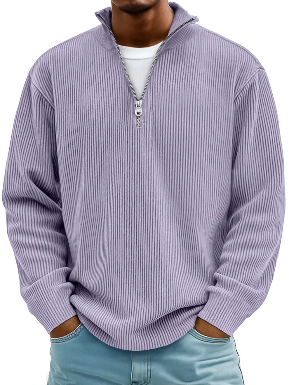 Sem - Heren Trui Oversized met Halve Rits Opstaande Kraag en Ribstructuur