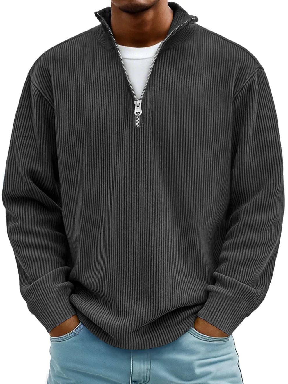 Sem - Heren Trui Oversized met Halve Rits Opstaande Kraag en Ribstructuur