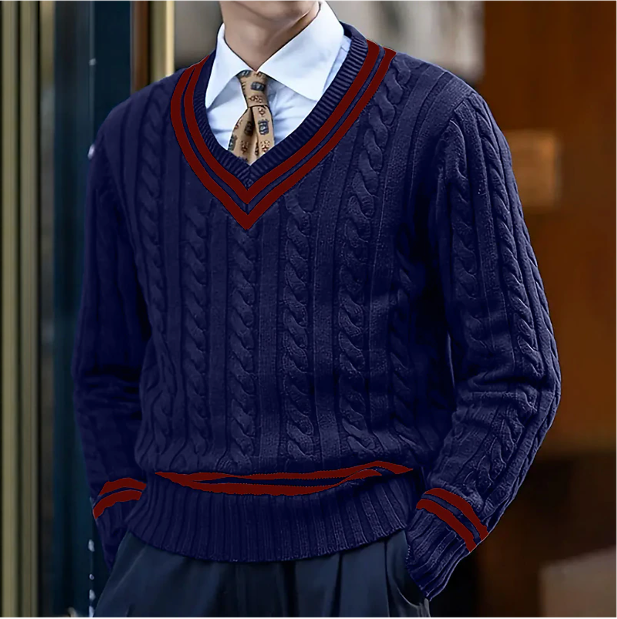 Sem - Heren Trui Slim Fit in Nette Stijl met V-hals en Kabelpatroon