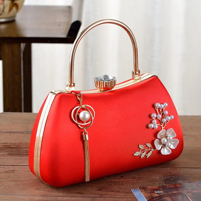 Avondtasje Dames - Handtas met Bloemen Parels en Gouden Frame | Feest