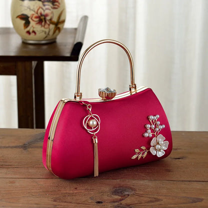 Avondtasje Dames - Handtas met Bloemen Parels en Gouden Frame | Feest