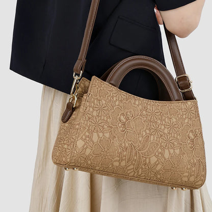 Handtas Dames - Bloemen Reliëf Tas met Houten Handvat | Chique