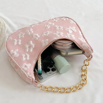 Schoudertas Dames - Halfmaan Tas met Parelketting en Bloemen | Chique