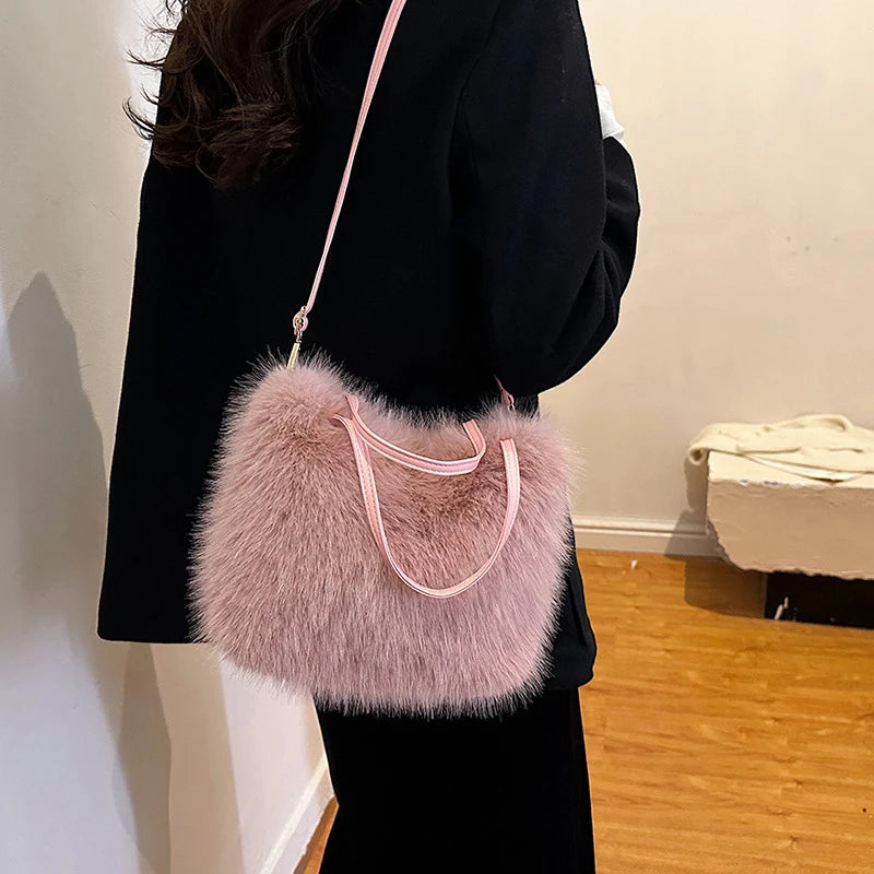 Tas Dames - Pluche Schoudertas met Schouderriem en Handvat | Casual