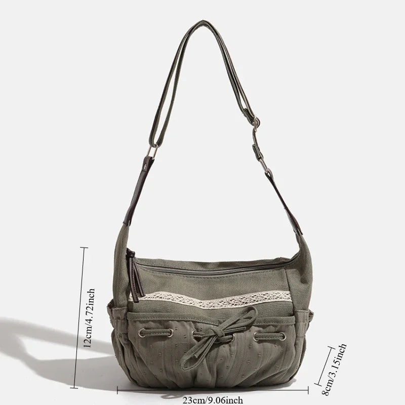 Tas Dames - Casual Schoudertas met Kanten Bies en Trekkoord | Boho