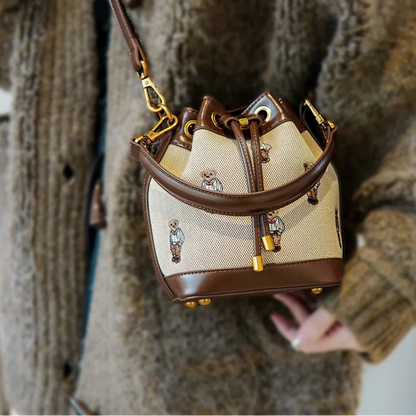 Crossbody Tas Dames - Bucket Bag met Berenprint en Trekkoord | Casual