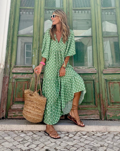 Sofie - Boho Zomerjurk Dames met V-hals en Wijde Pofmouwen
