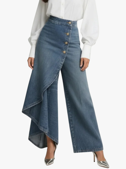 Sophie - Dames Jeans Wijde Pijpen voor de Herfst met Asymmetrische Overslag