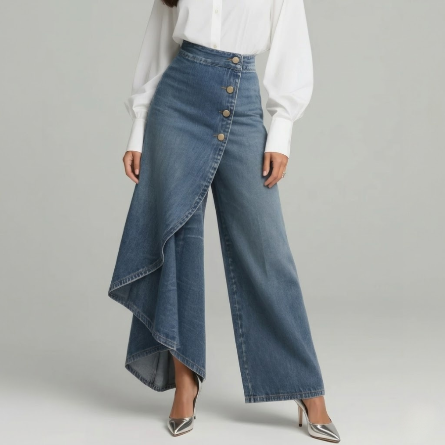 Sophie - Dames Jeans Wijde Pijpen voor de Herfst met Asymmetrische Overslag
