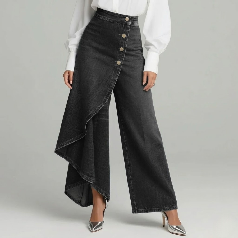 Sophie - Dames Jeans Wijde Pijpen voor de Herfst met Asymmetrische Overslag