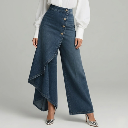 Sophie - Dames Jeans Wijde Pijpen voor de Herfst met Asymmetrische Overslag