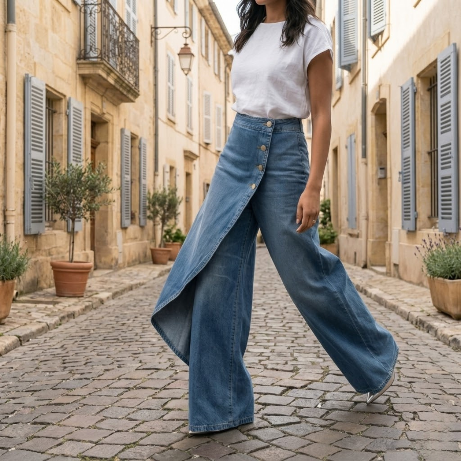 Sophie - Dames Jeans Wijde Pijpen voor de Herfst met Asymmetrische Overslag