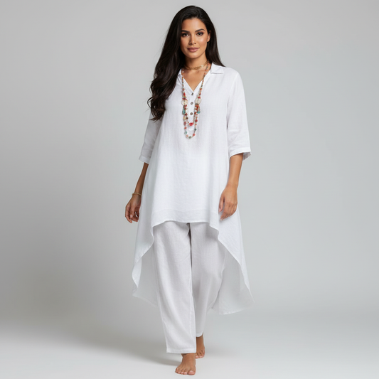 Sterre - Boho Linnen Co-Ord Set Dames met Asymmetrische Tuniektop en Rechte Broek