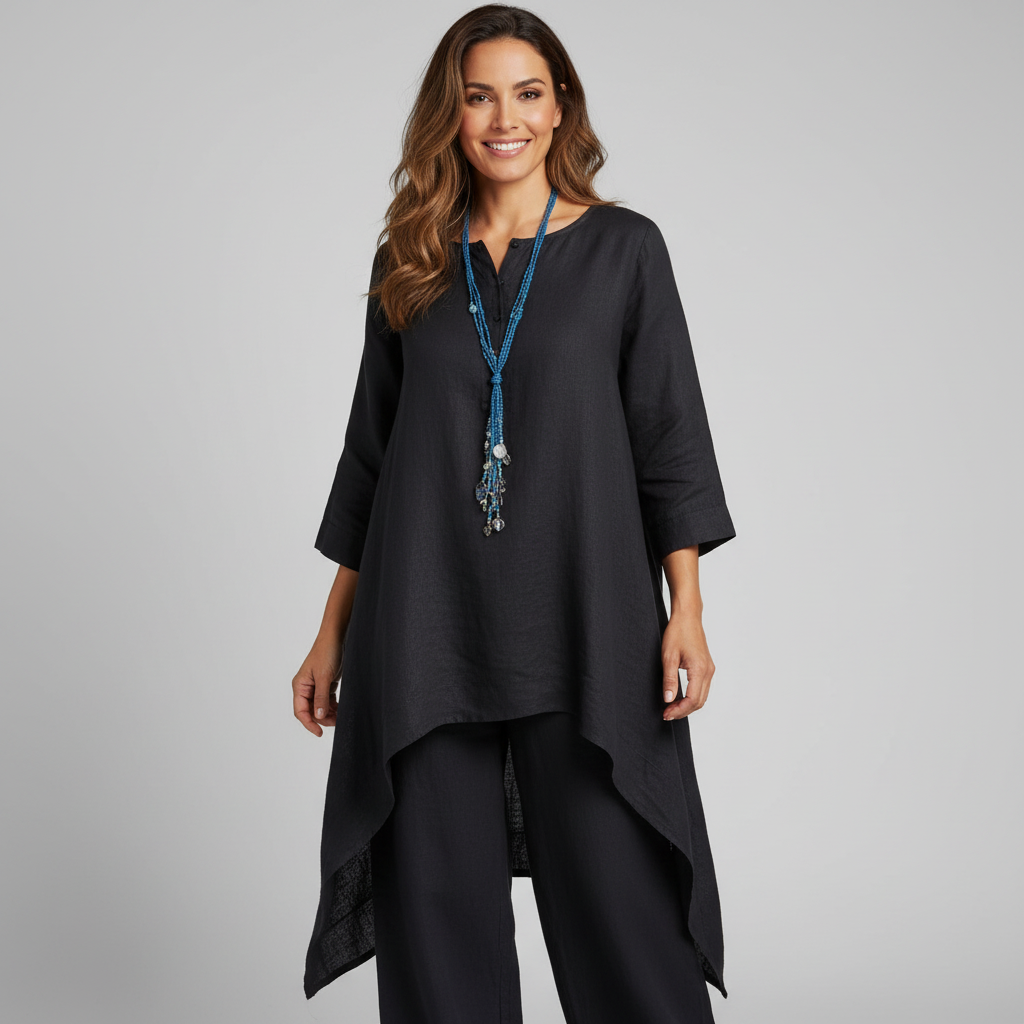 Sterre - Boho Linnen Co-Ord Set Dames met Asymmetrische Tuniektop en Rechte Broek