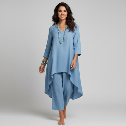 Sterre - Boho Linnen Co-Ord Set Dames met Asymmetrische Tuniektop en Rechte Broek