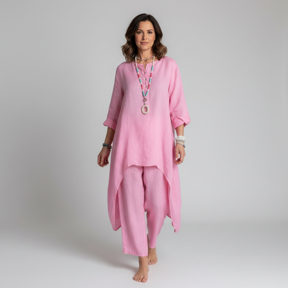 Sterre - Boho Linnen Co-Ord Set Dames met Asymmetrische Tuniektop en Rechte Broek
