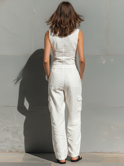 Sterre - Casual Linnen Jumpsuit Dames met Kraag en Cargozakken