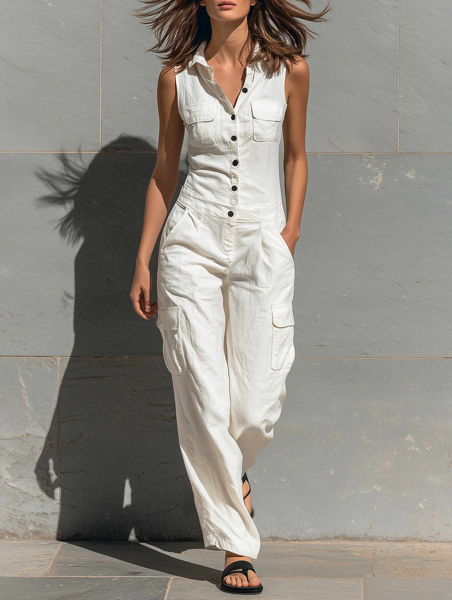Sterre - Casual Linnen Jumpsuit Dames met Kraag en Cargozakken