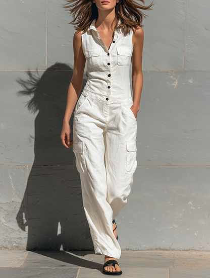 Sterre - Casual Linnen Jumpsuit Dames met Kraag en Cargozakken