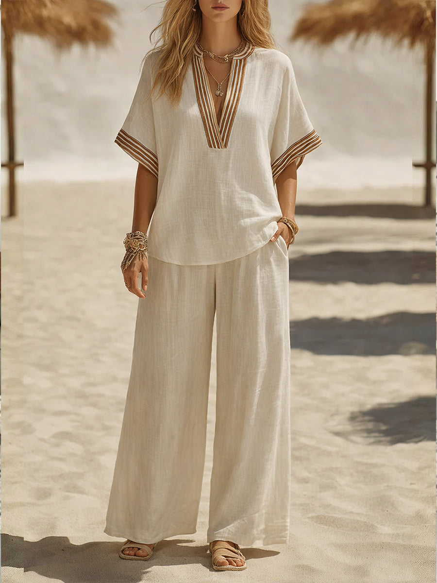 Suze - Boho Linnen Set Dames met Geborduurde V-hals en Wijde Broek