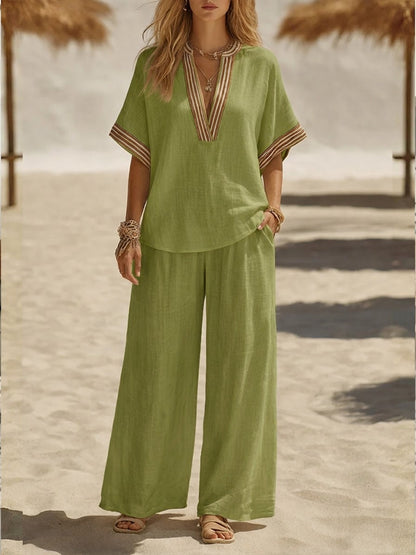 Suze - Boho Linnen Set Dames met Geborduurde V-hals en Wijde Broek