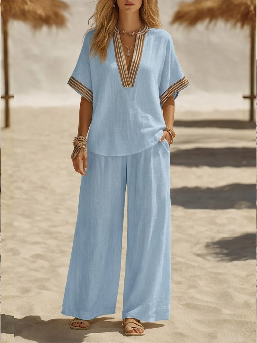 Suze - Boho Linnen Set Dames met Geborduurde V-hals en Wijde Broek