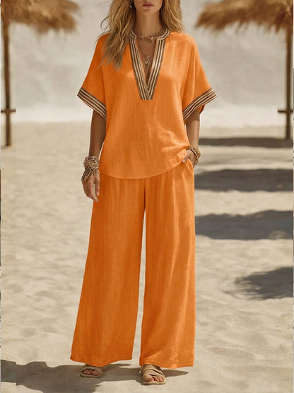 Suze - Boho Linnen Set Dames met Geborduurde V-hals en Wijde Broek