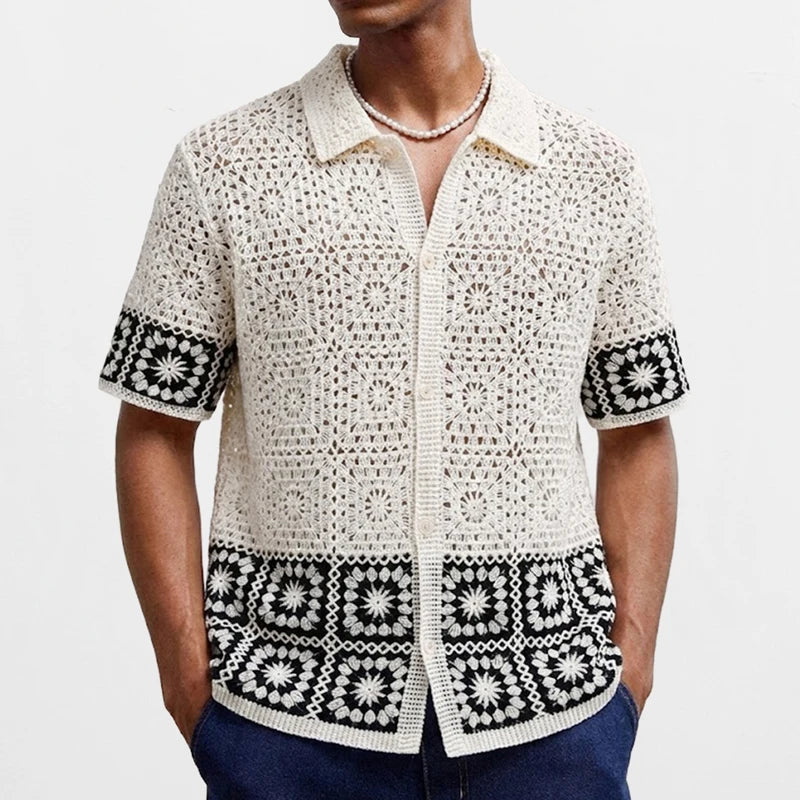 Sven - Boho Zomer Overhemd Heren met Haakwerk Patroon en Korte Mouwen