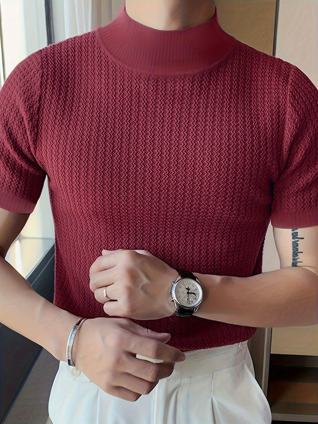 T Shirt Heren - Slim Fit met Korte Mouwen en Mock Neck | Elegant
