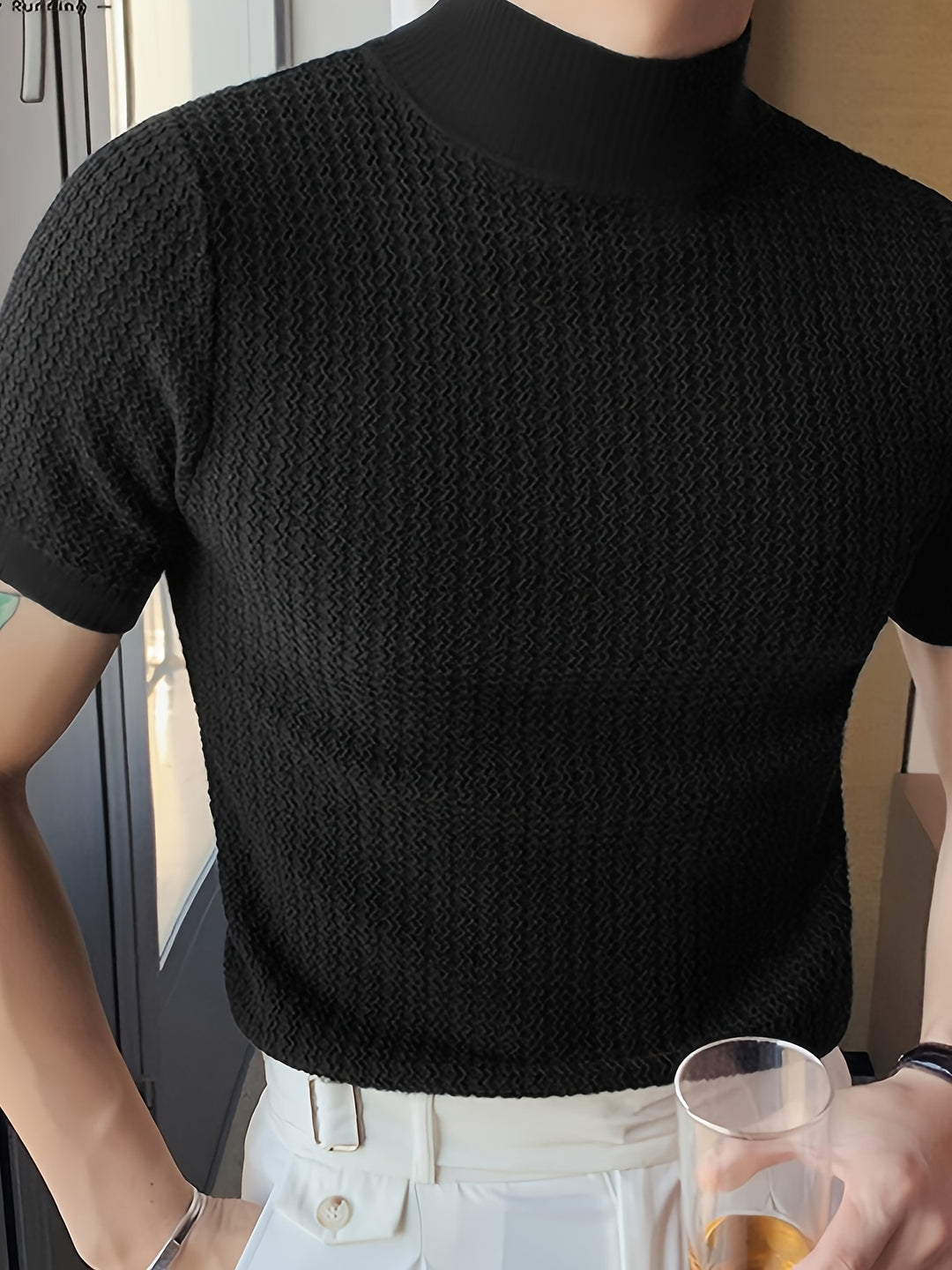 T Shirt Heren - Slim Fit met Korte Mouwen en Mock Neck | Elegant