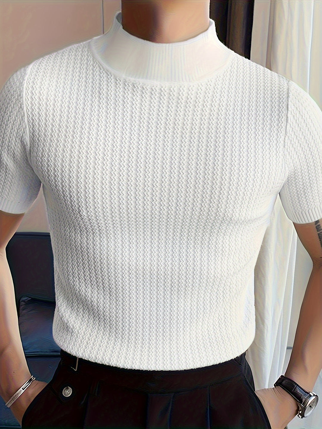 T Shirt Heren - Slim Fit met Korte Mouwen en Mock Neck | Elegant