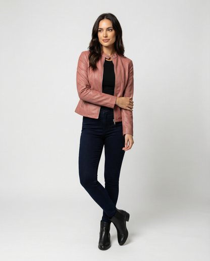 Tess - Dames Jas Leren Stijl voor de Herfst met Ritssluiting en Rechte Kraag
