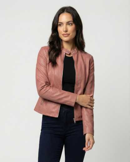 Tess - Dames Jas Leren Stijl voor de Herfst met Ritssluiting en Rechte Kraag