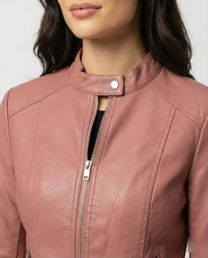 Tess - Dames Jas Leren Stijl voor de Herfst met Ritssluiting en Rechte Kraag