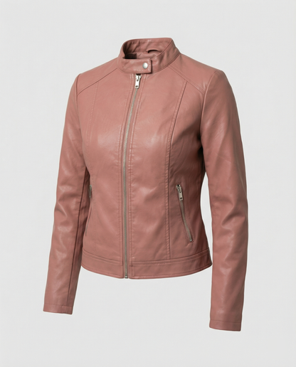 Tess - Dames Jas Leren Stijl voor de Herfst met Ritssluiting en Rechte Kraag