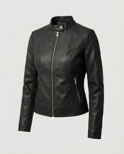 Tess - Dames Jas Leren Stijl voor de Herfst met Ritssluiting en Rechte Kraag