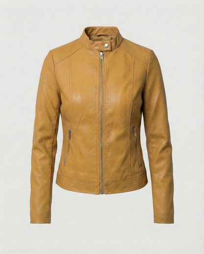 Tess - Dames Jas Leren Stijl voor de Herfst met Ritssluiting en Rechte Kraag
