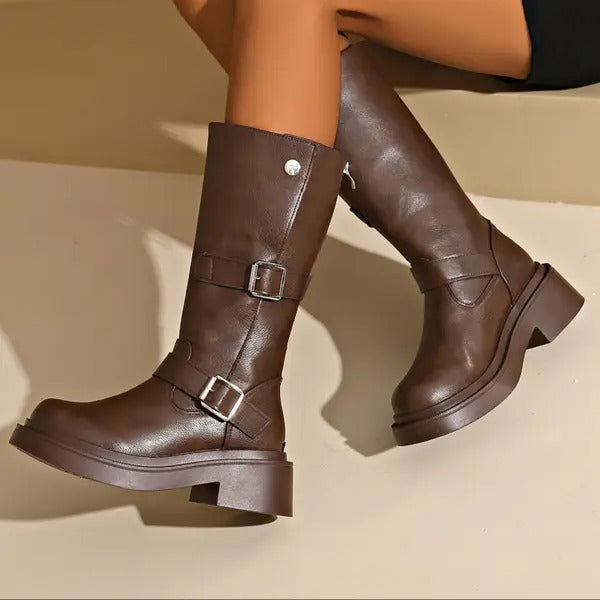 Tess - Dames Kniehoge Laarzen Chunky met Plateauzool en Dubbele Gesp